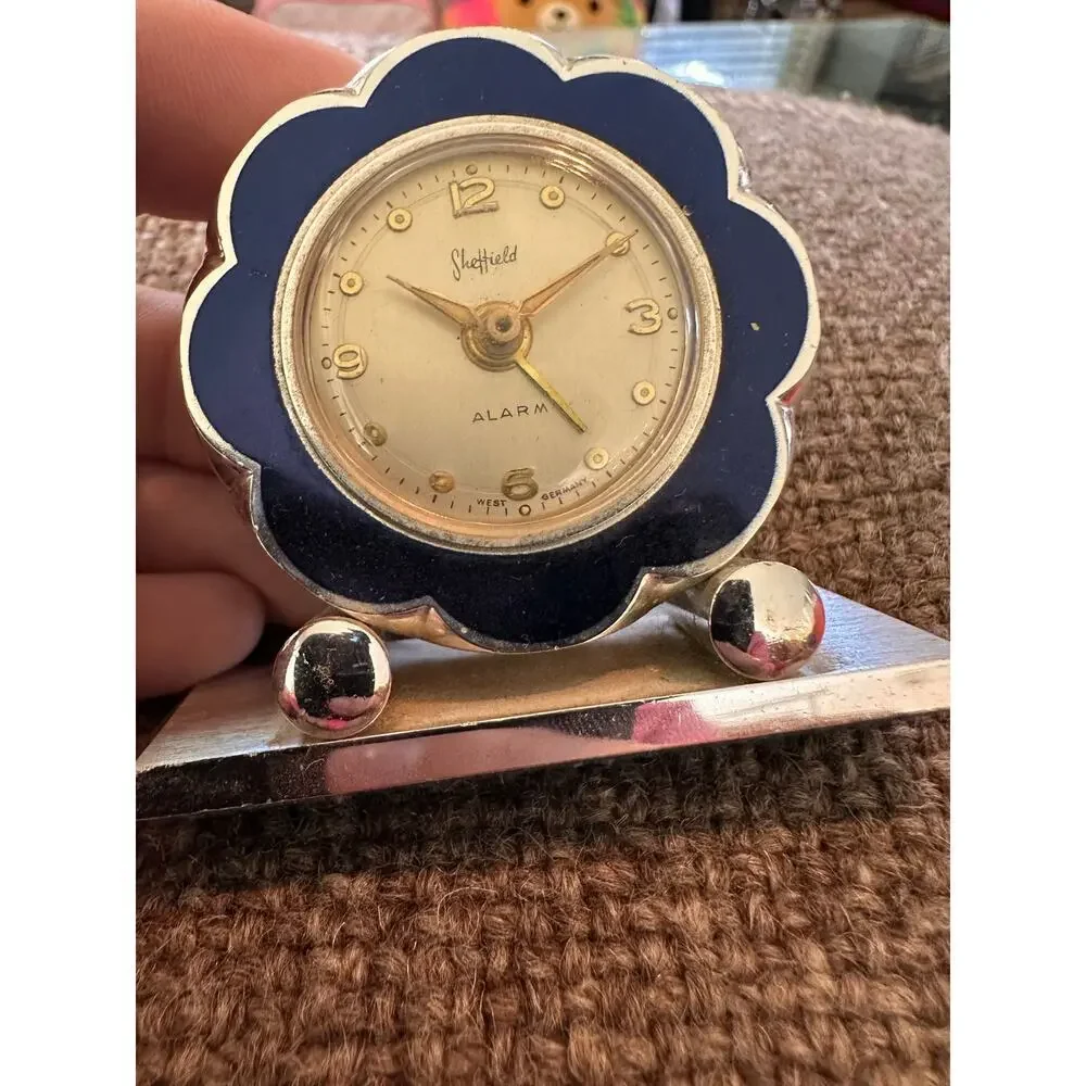 1954 Sheffield Flower Design West Germany Small Travel Alarm Clock